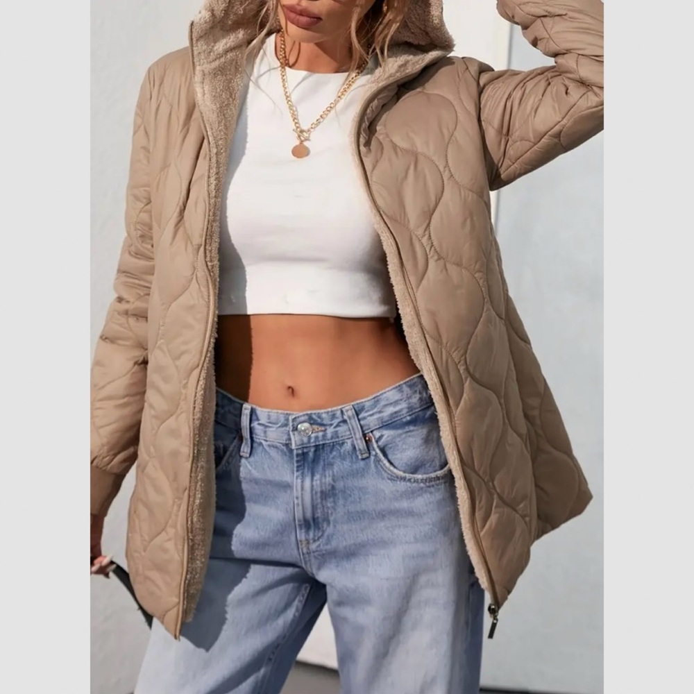 Casual Quilted Loose Hooded Jacket Mid Length Commuter Wear Apricot Plus Sz 3Xl